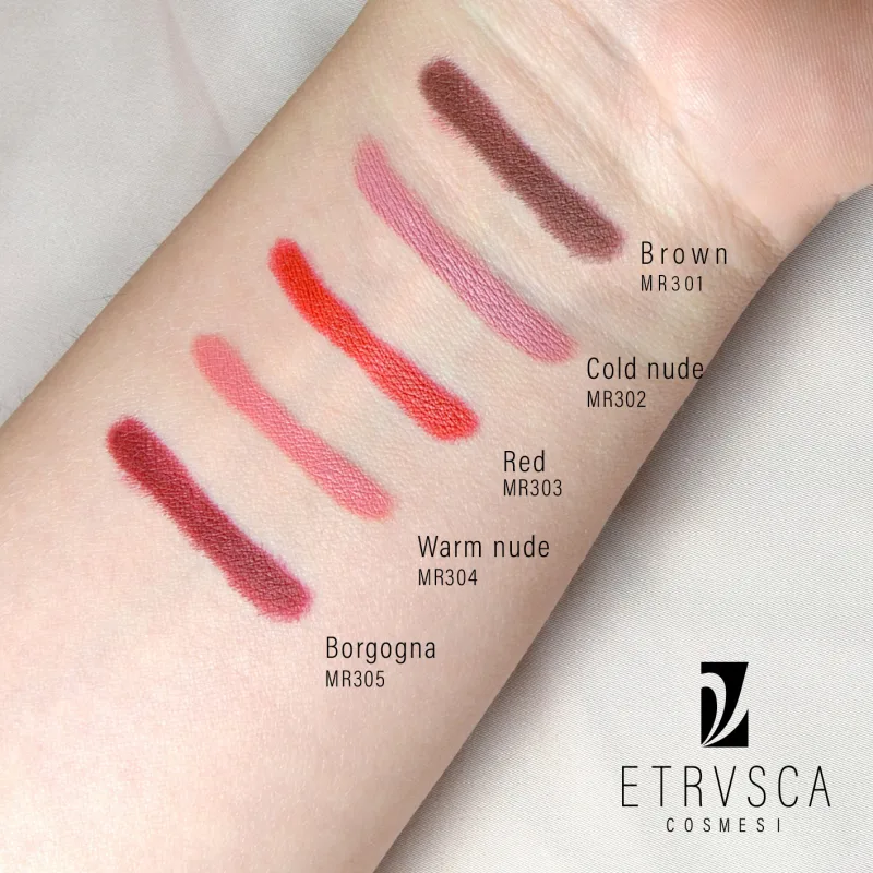 swatch matitoni rossetto cremisi lunga tenuta etrvsca cosmesi in 4 colori disponibili: nude fraddo, nude caldo, rosso e borgogna