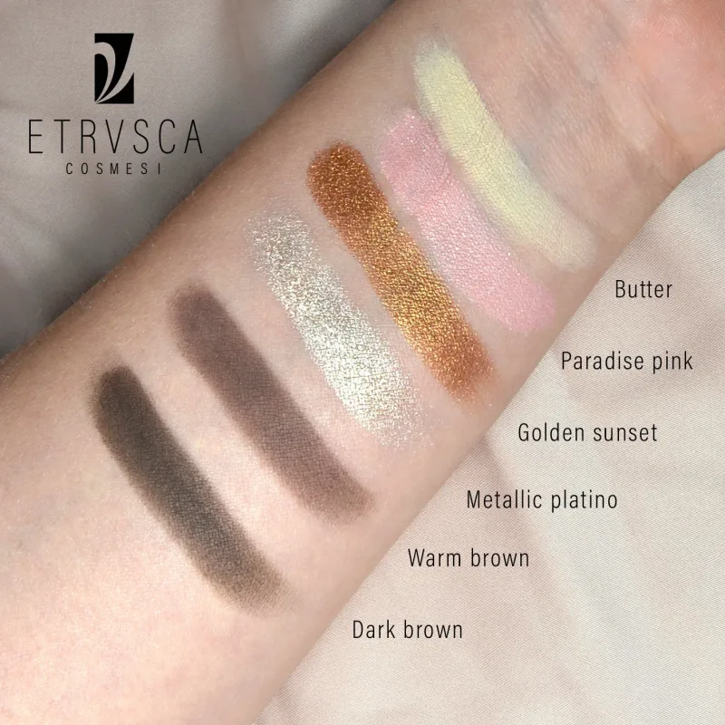 Swatch ombretti palette volterra etrvsca cosmesi per un perfetto smokey eye marrone e oro facile da realizzare